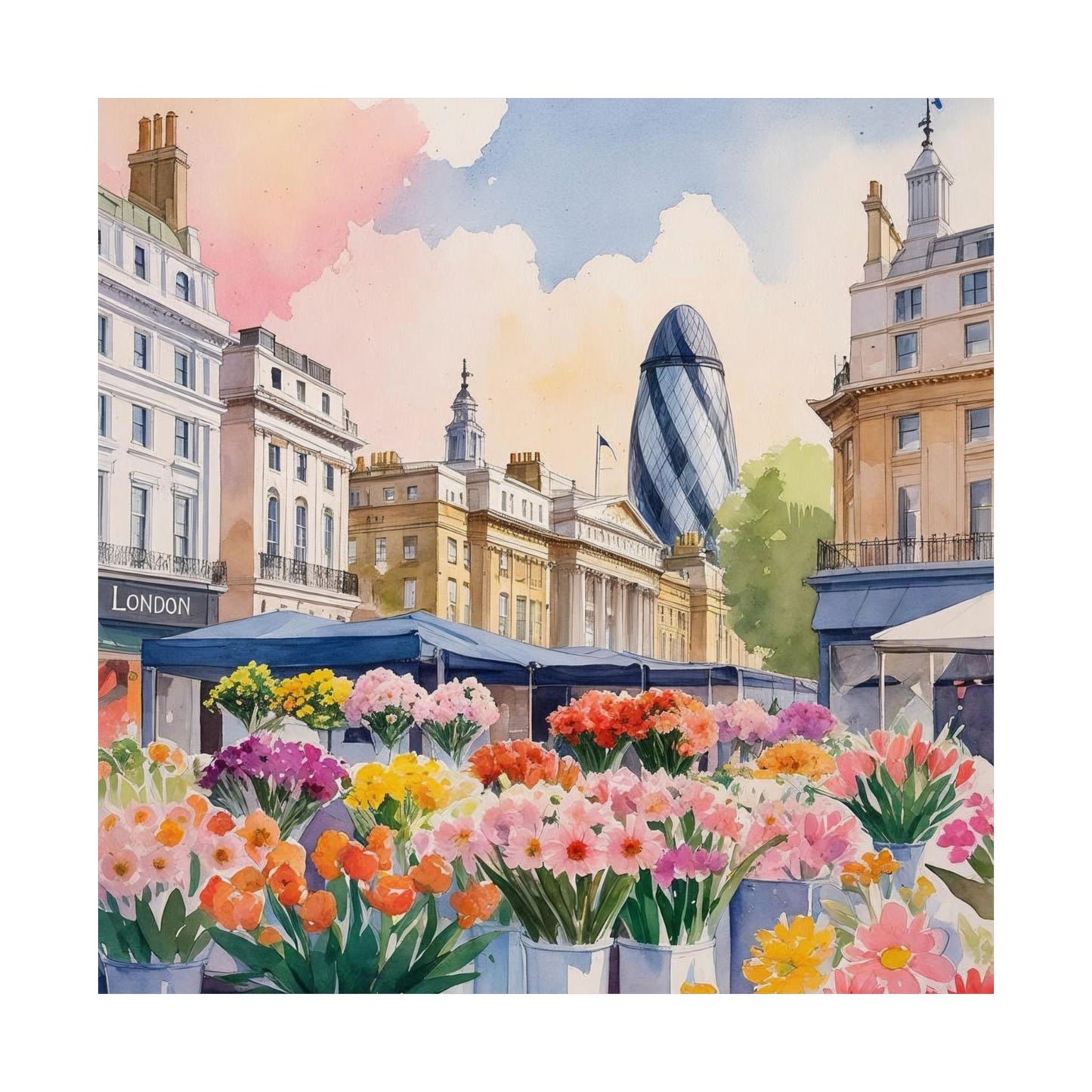 London Flower Market Watercolour Print